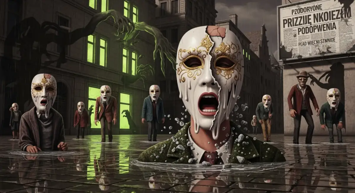Groteskowy obraz świata: ludzie w maskach, z których spływa płyn, stoją w kałużach. W tle potworne ręce wyciągają się z budynków.