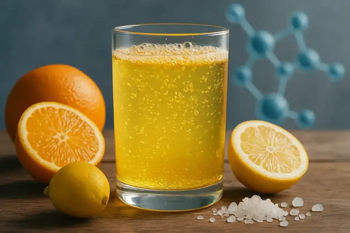 Szklanka orzeźwiającego napoju, pomarańcze, cytryny i sól – składniki do domowego napoju izotonicznego przepis.