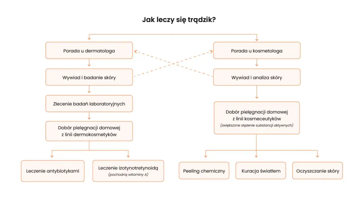 Schemat leczenia trądziku: porada u dermatologa lub kosmetologa, badania, dobór pielęgnacji domowej i zabiegi takie jak antybiotyki, izotynotretynoina, peelingi, kuracja światłem, oczyszczanie skóry.