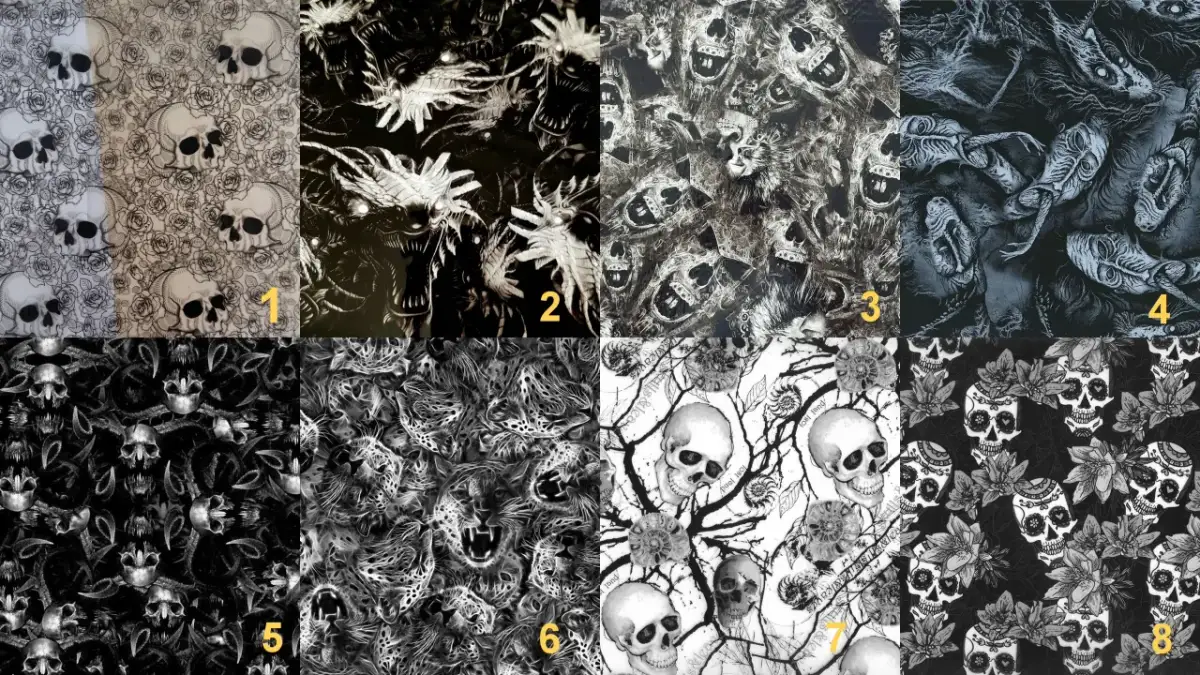 Kolaż ośmiu wzorów folii hydrograficznej z motywami czaszek, smoków i panter.