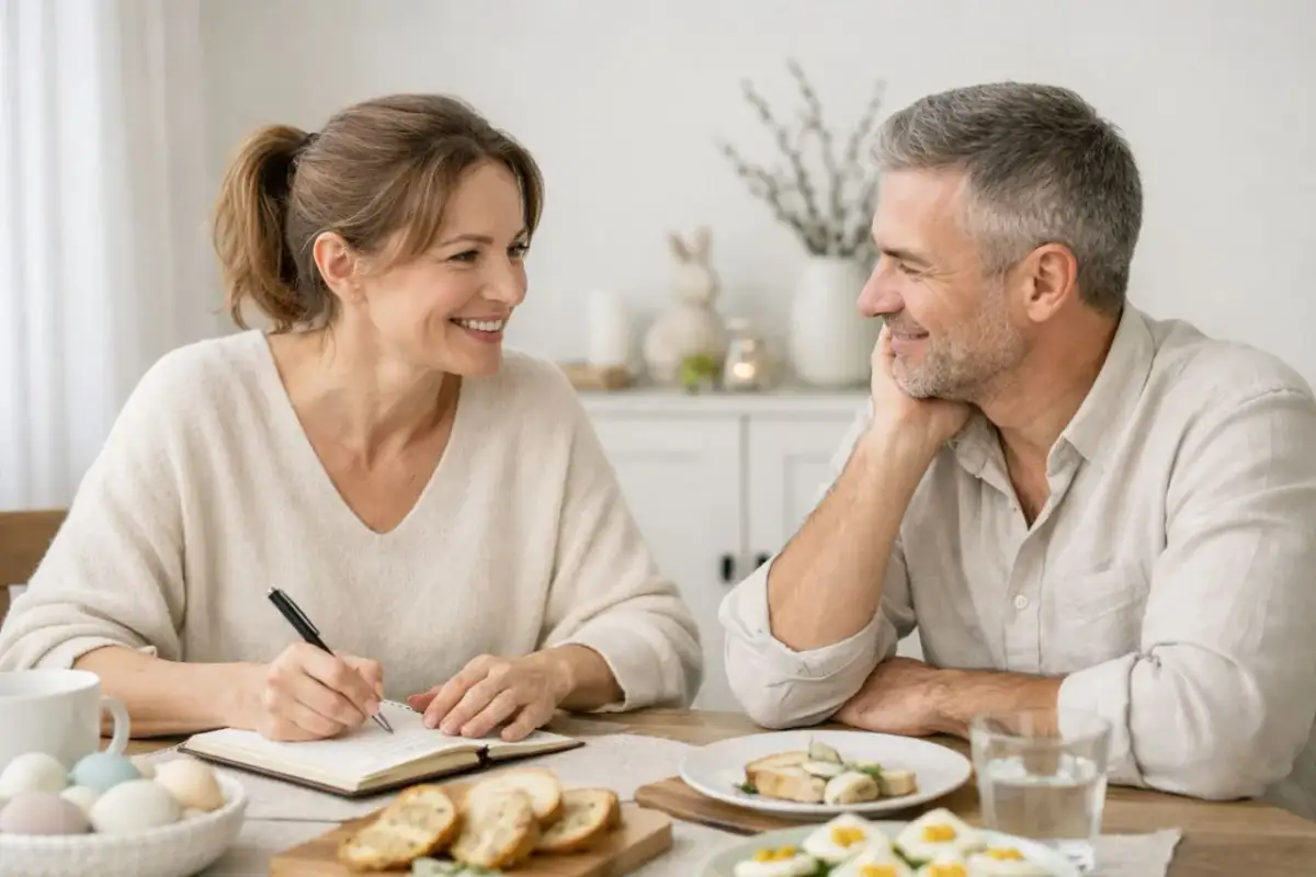 Para oma z uśmiechem pisze w notatniku, podczas gdy on opiera głowę na dłoni. Rozmawiają o tym, dlaczego Wielkanoc jest ruchoma, przy świątecznym stole.