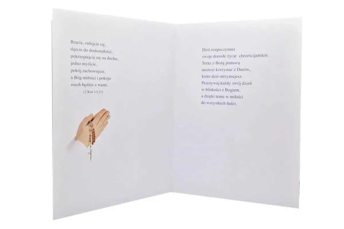 Kartka na bierzmowanie z modlącymi się dłońmi i cytatem biblijnym. Życzenia na nowy etap życia chrześcijańskiego.