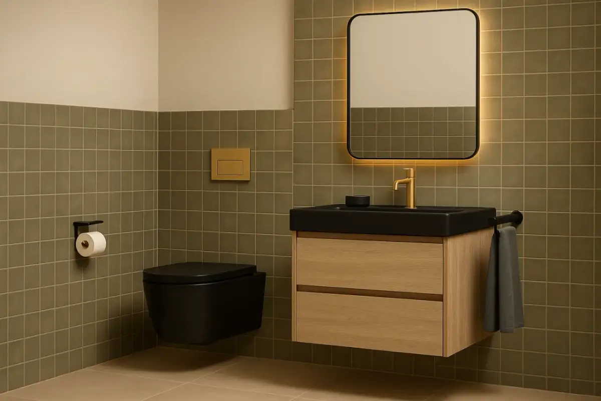 Nowoczesna, mała łazienka z czarną miską WC i złotym przyciskiem spłuczki. Obok umywalka z drewnianą szafką i odpływem liniowym.