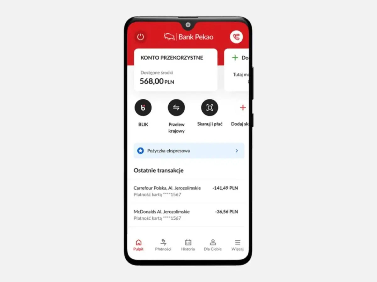 Aplikacja bankowa Peako. Widok pulpitu z dostępnymi środkami i ostatnimi transakcjami. Tu znajdziesz informacje, jak sprawdzić numer klienta Peako.