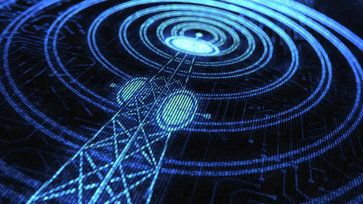 Cyfrowa antena nadawcza z kręgami fali radiowej w niebieskich barwach.