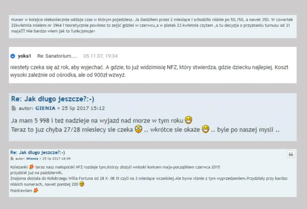 Dyskusja o kolejkach do sanatorium NFZ. Użytkownicy dzielą się informacjami, jak sprawdzić kolejkę do sanatorium w NFZ i jak długo trzeba czekać.