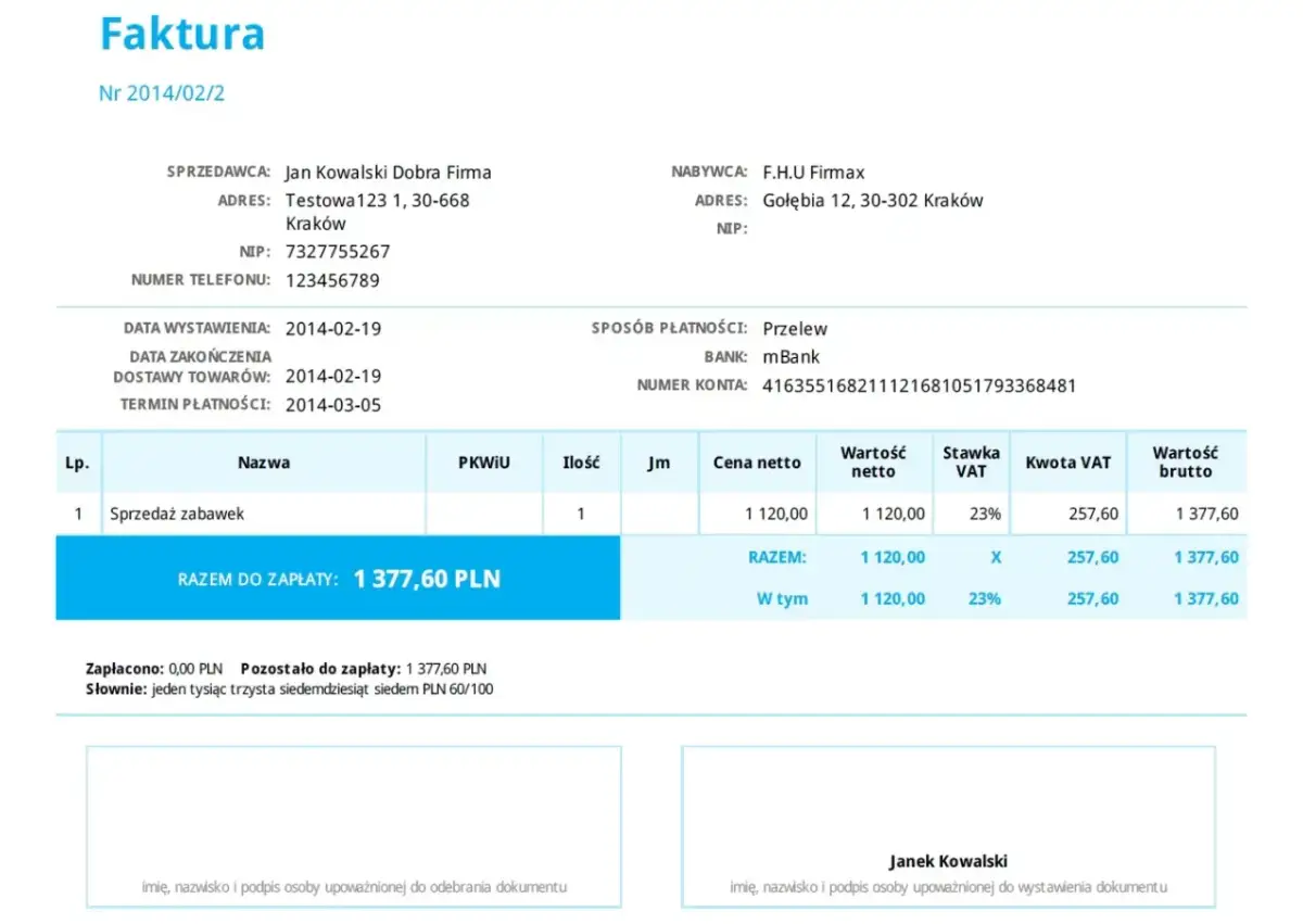 Faktura imienna z danymi sprzedawcy i nabywcy, szczegółami sprzedaży zabawek, kwotą do zapłaty 1 377,60 PLN.