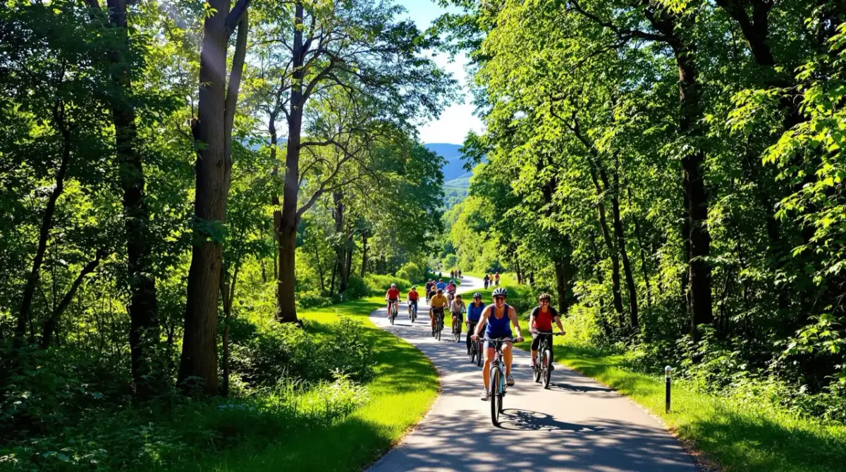 Grupa rowerzystów przemierza malownicze **Ciechocinek trasy rowerowe** wśród zielonych drzew.