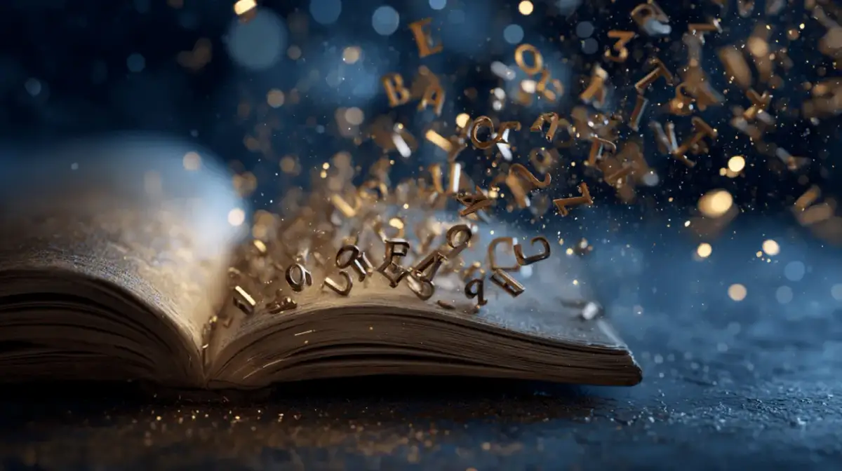 Z otwartej księgi wylatują złote litery, tworząc magiczne cytaty z książek.