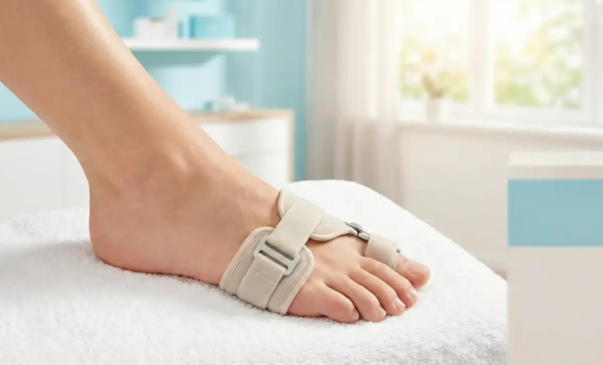 Stopa z korektorem na haluksy, leżąca na białym ręczniku.