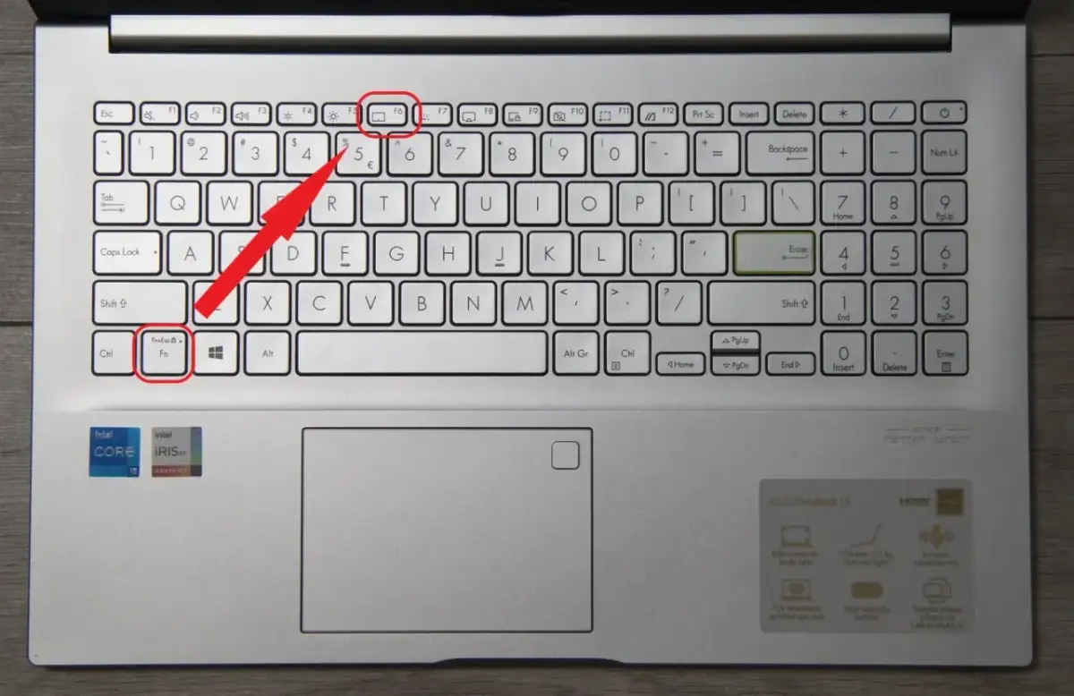 Klawisz F6 z ikoną ekranu służy do wyłączenia ekranu dotykowego w laptopie. Naciśnij Fn+F6, aby wyłączyć ekran dotykowy.