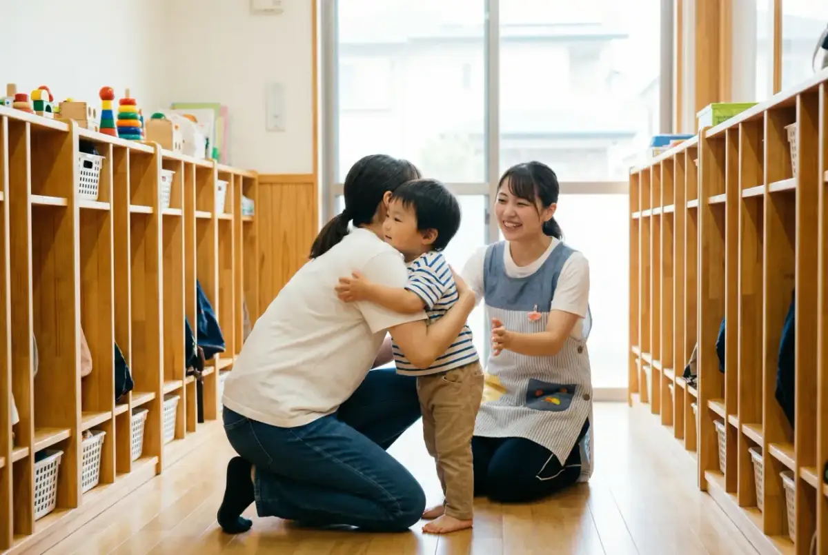 Ciepłe powitanie w żłobku: mama przytula synka, a opiekunka uśmiecha się radośnie.