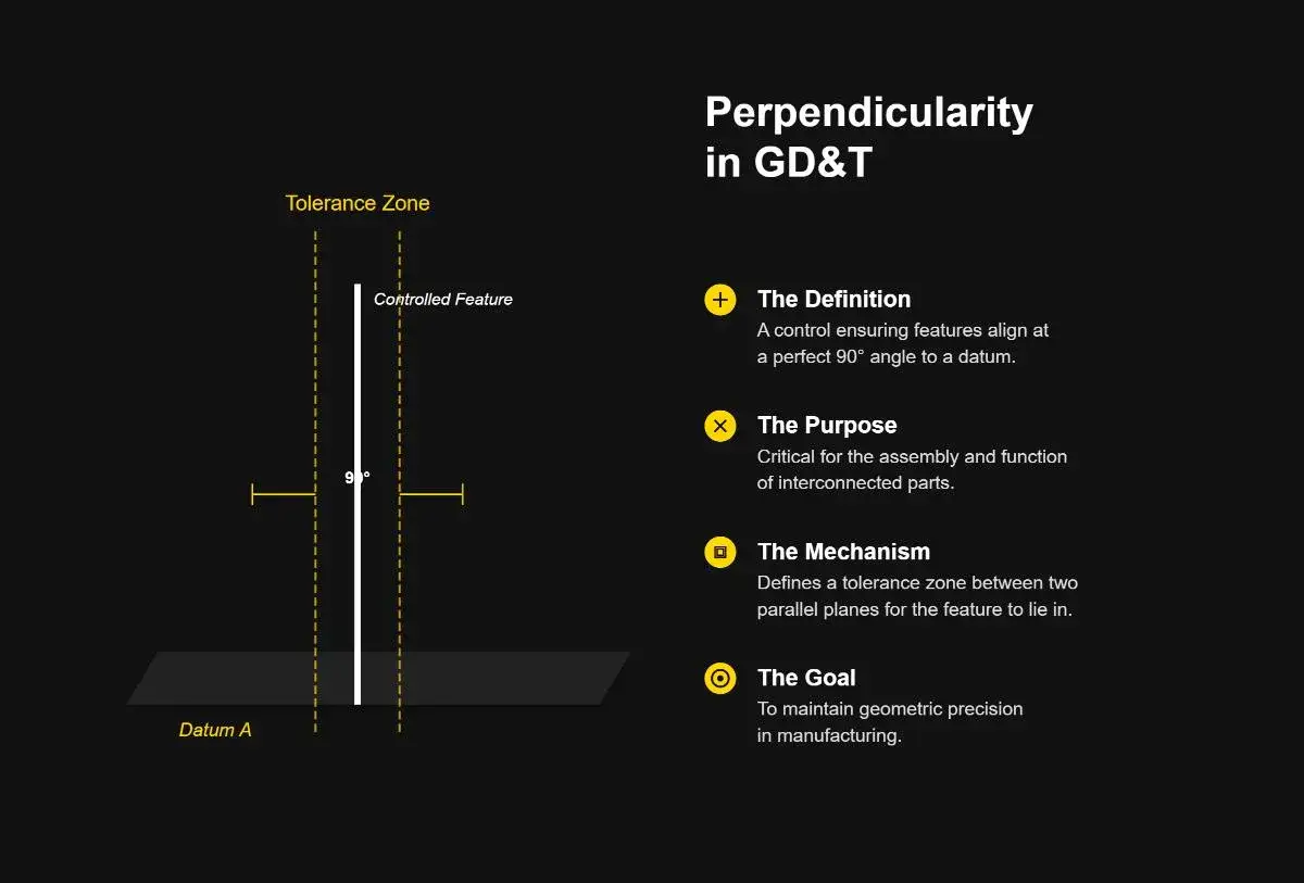 Ilustracja przedstawia definicję, cel i mechanizm tolerancji prostopadłości w GD&T, z diagramem pokazującym kontrolowaną cechę pod kątem 90° do Datum A.