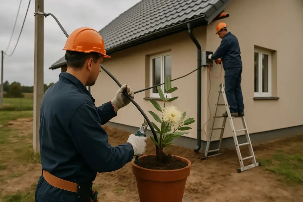 Pracownicy w kaskach podłączają dom do sieci energetycznej. Sprawdzają warunki przyłączenia do sieci energetycznej, dbając o bezpieczeństwo.