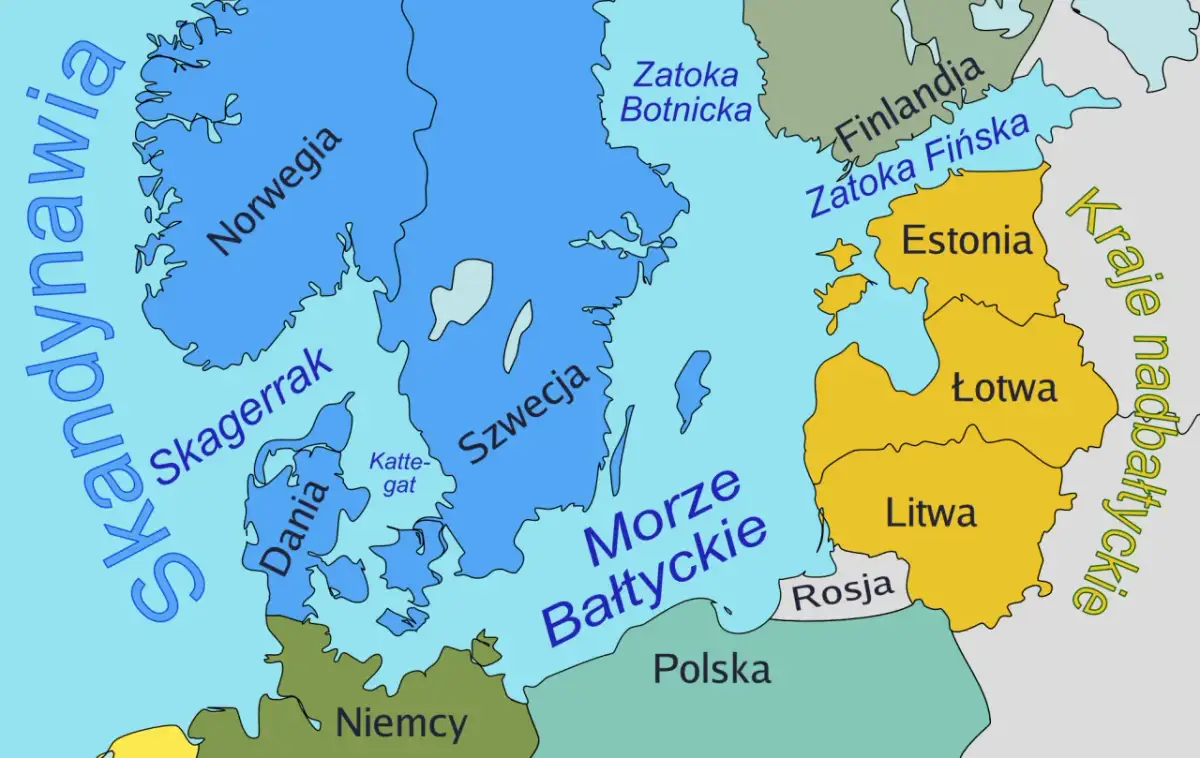 Mapa Morza Bałtyckiego z zaznaczonymi krajami: Polska, Niemcy, Dania, Szwecja, Norwegia, Finlandia, Estonia, Łotwa, Litwa i Rosja.