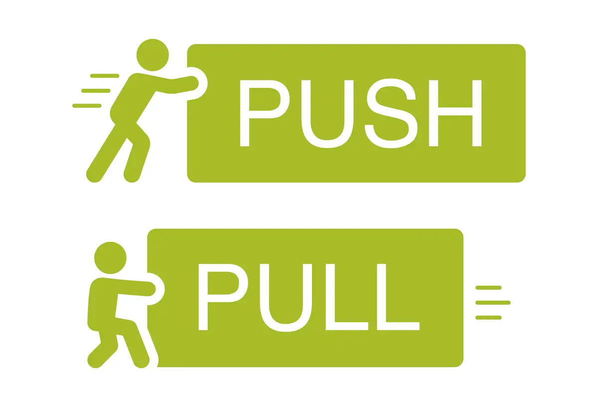 Zielona ikona z sylwetką człowieka pchającego (PUSH) i ciągnącego (PULL).