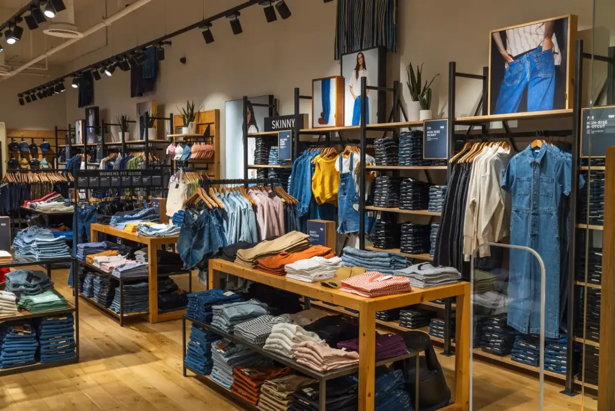 W sklepie z odzieżą dżinsową, na półkach i wieszakach wyeksponowano spodnie, koszule i kombinezony. Widać tabliczki informujące o rozmiarach, np. "34g jaki to rozmiar".