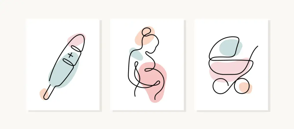 Trzy minimalistyczne grafiki: termometr, ciężarna kobieta i wózek dziecięcy. Opowiadają historię, jak robi się dzieci.