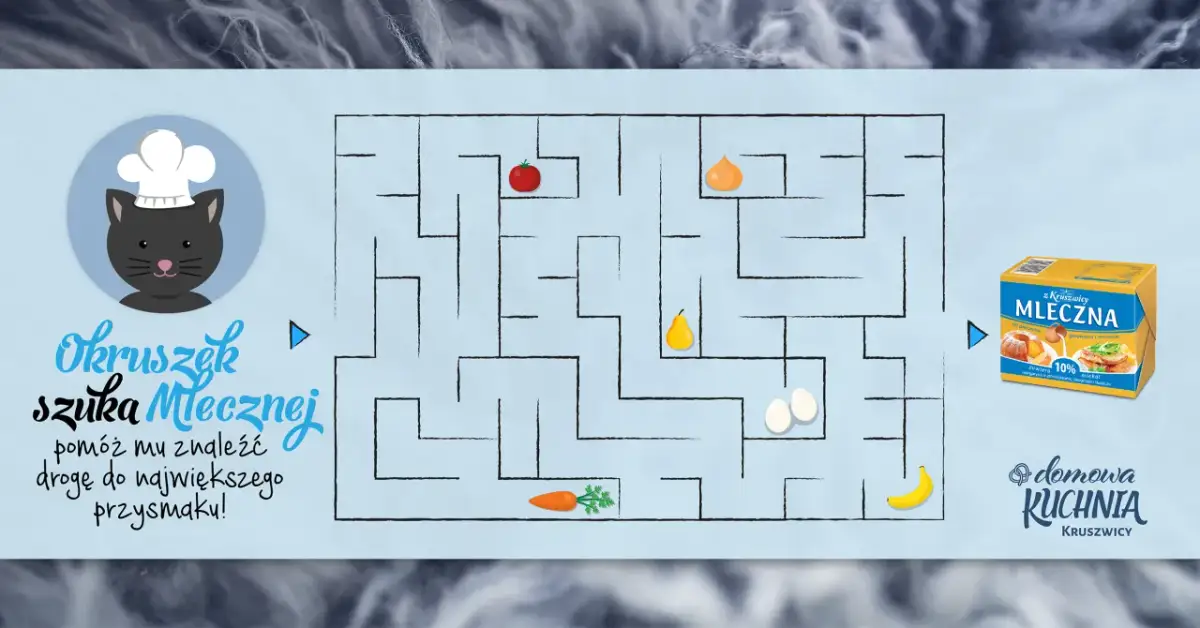 Pomóż Okruszkowi, kotkowi w czapce kucharskiej, przejść przez labirynt i znaleźć drogę do pysznego smaku. To zagadka o kucharzu!