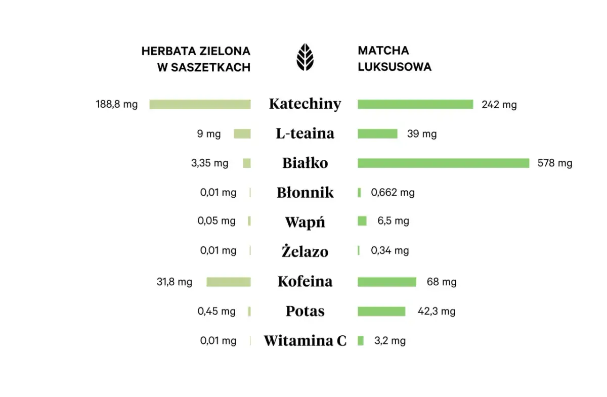 Porównanie składników odżywczych: zielona herbata w saszetkach vs. matcha luksusowa. Zobacz, która ma więcej białka i katechin!