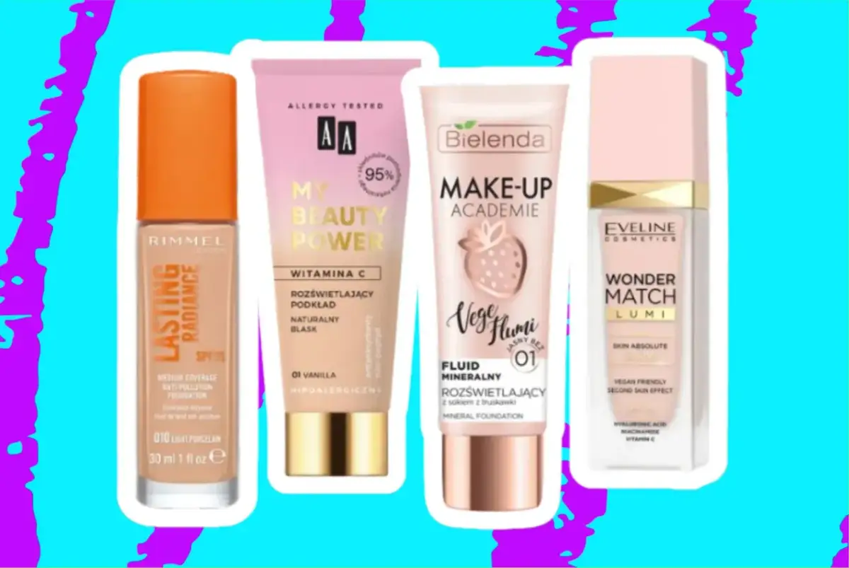 Cztery podkłady rozświetlające: Rimmel Lasting Radiance, AA My Beauty Power, Bielenda Make-Up Academie Vege Humi i Eveline Wonder Match Lumi.