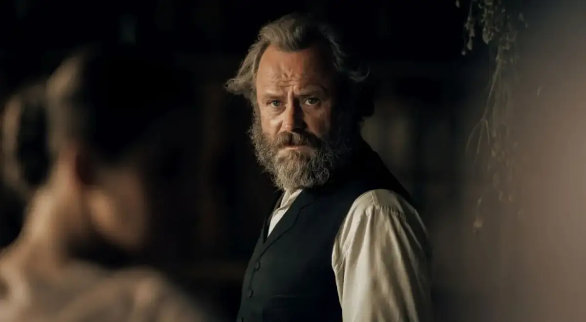 Mężczyzna z filmu Znachor, z siwą brodą i zmierzwionymi włosami, stoi w mrocznym wnętrzu. Gdzie jest młyn z filmu Znachor?