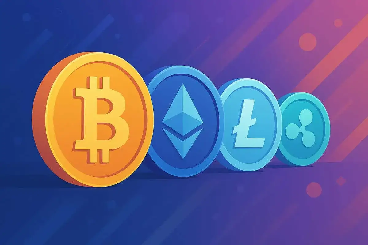 Ikony Bitcoin, Ethereum, Litecoin i Ripple. Zastanawiasz się, w jakie kryptowaluty inwestować długoterminowo?