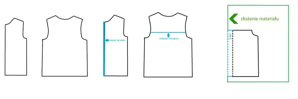 Schemat pokazuje, jak poszerzyć bluzkę z tyłu, dodając zapas na szew i miejsce rozcięcia.