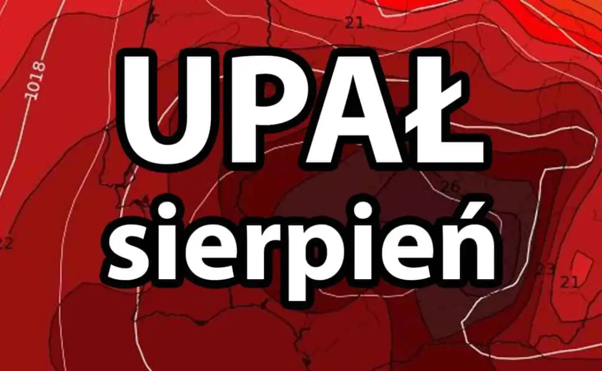 Mapa synoptyczna z zaznaczonym upałem w Tunezji w sierpniu. Czerwone barwy wskazują wysokie temperatury.