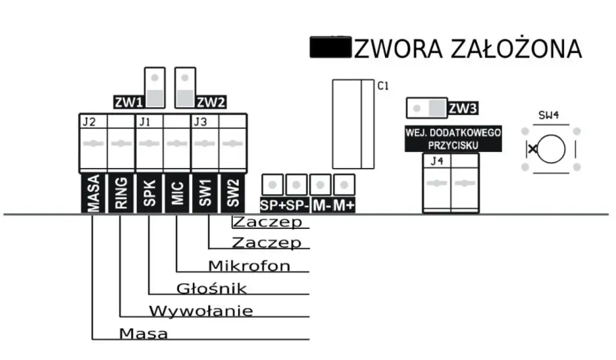 Schemat podłączenia domofonu 5-żyłowego z opisem zacisków i zworkami.