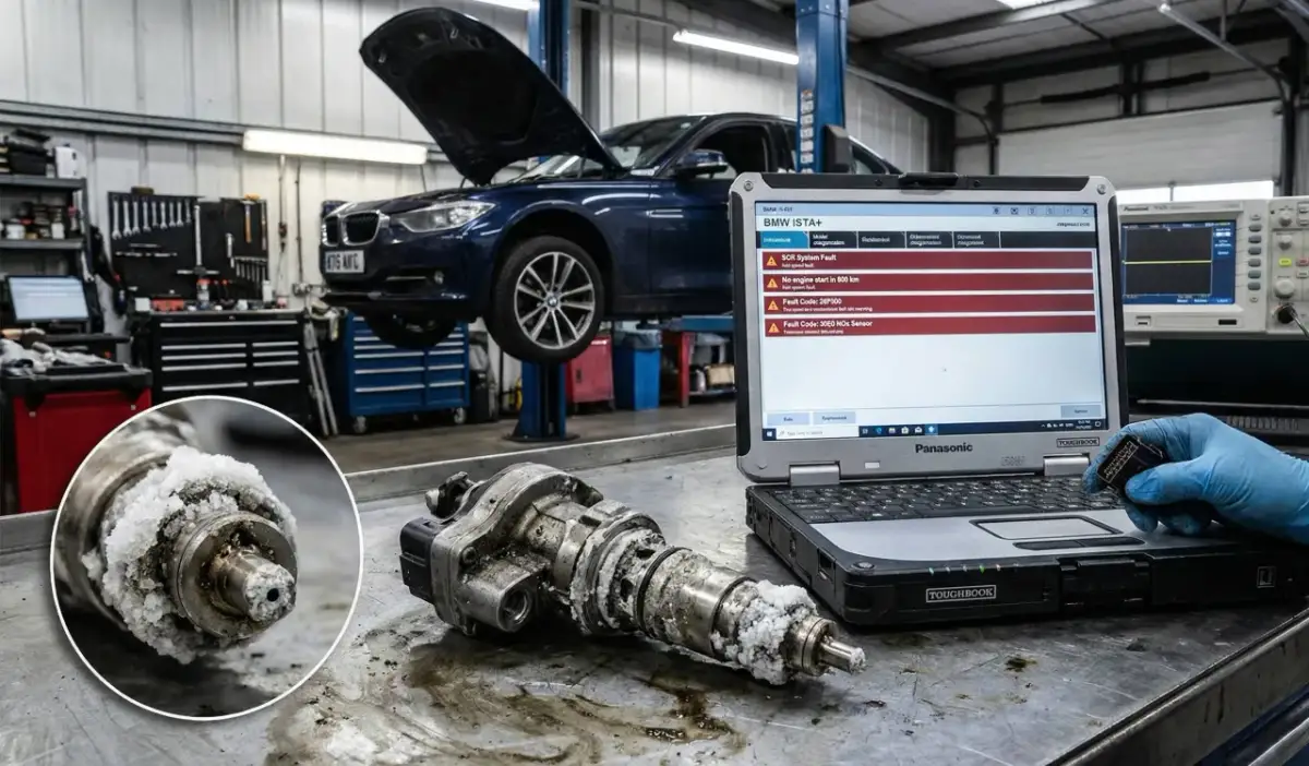 Awaria czujnika NOx w BMW E90. Na stole leży zabrudzony element, a komputer diagnostyczny pokazuje błędy.