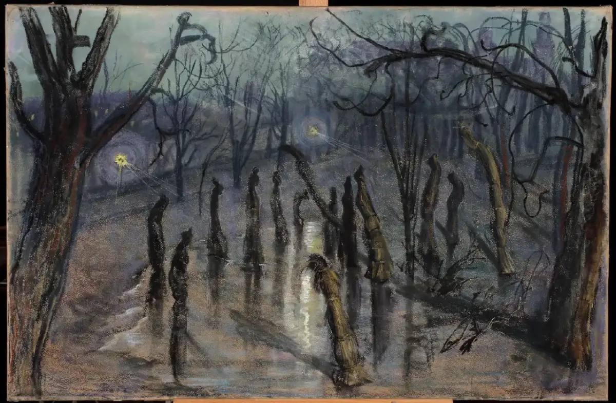 Mroczny las, gdzie drzewa przypominają postacie. W oddali migocze światło, jakby symbolizując nadzieję na wesele po rabacji galicyjskiej.