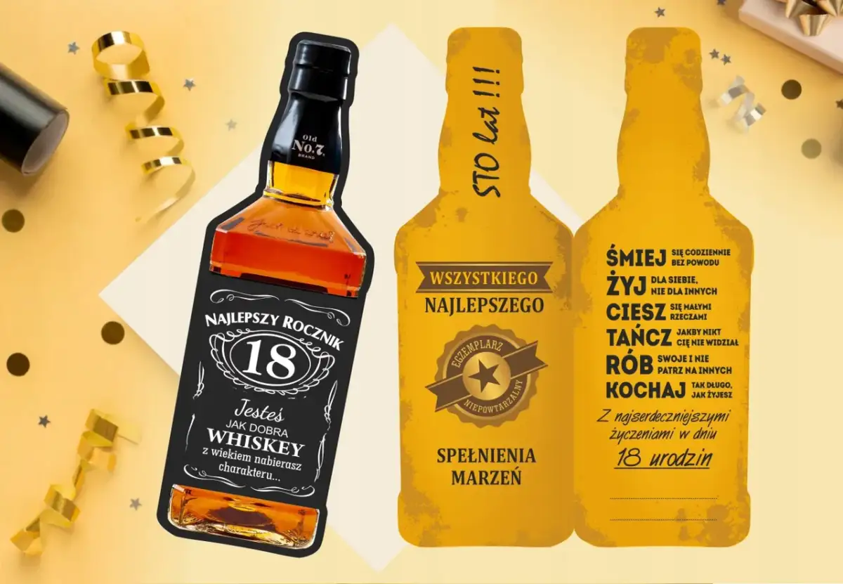 Kartka na 18 urodziny w stylu butelki whiskey i piwa. "Sto lat!" i życzenia "Śmiej, żyj, ciesz, tańcz, rób, kochaj" dla wyjątkowego jubilata.
