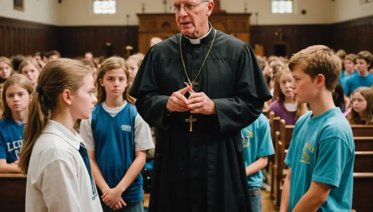 Biskup w czerni, otoczony dziećmi, przygotowuje się do bierzmowania. W której klasie jest bierzmowanie?