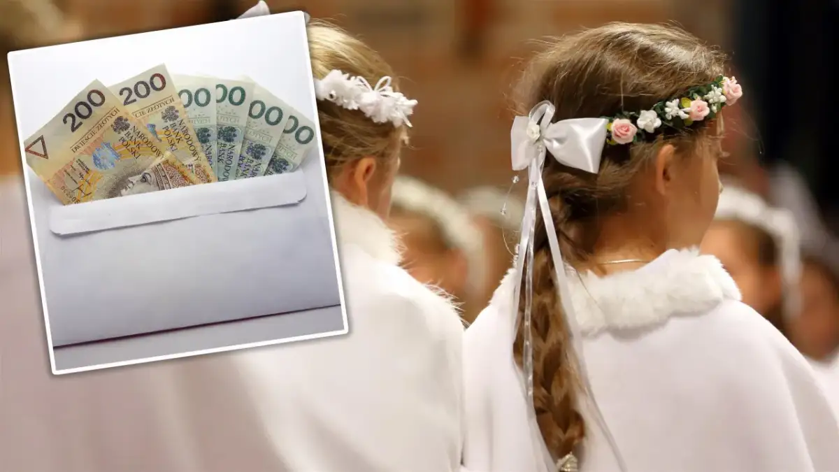 Koperta z banknotami 200 zł i dziewczynki w białych strojach komunijnych.