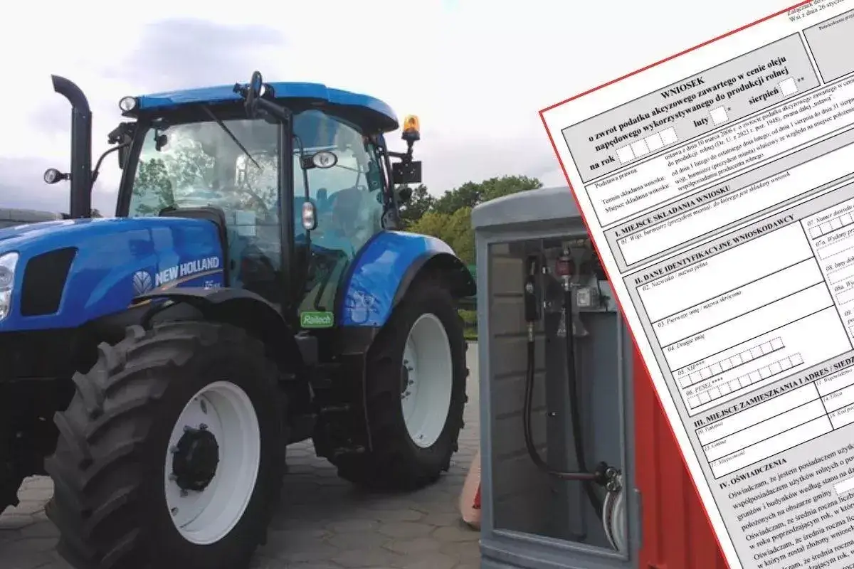 Niebieski traktor obok dystrybutora paliwa i formularza wniosku o zwrot podatku akcyzowego. Jakie dane do faktury na paliwo rolnicze są potrzebne?