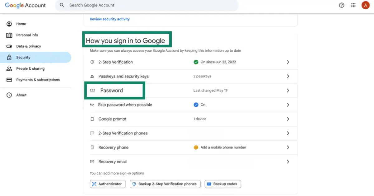 Ekran konta Google, sekcja Bezpieczeństwo. Widoczna opcja "Hasło" - tutaj dowiesz się, jak zmienić hasło na Gmail.