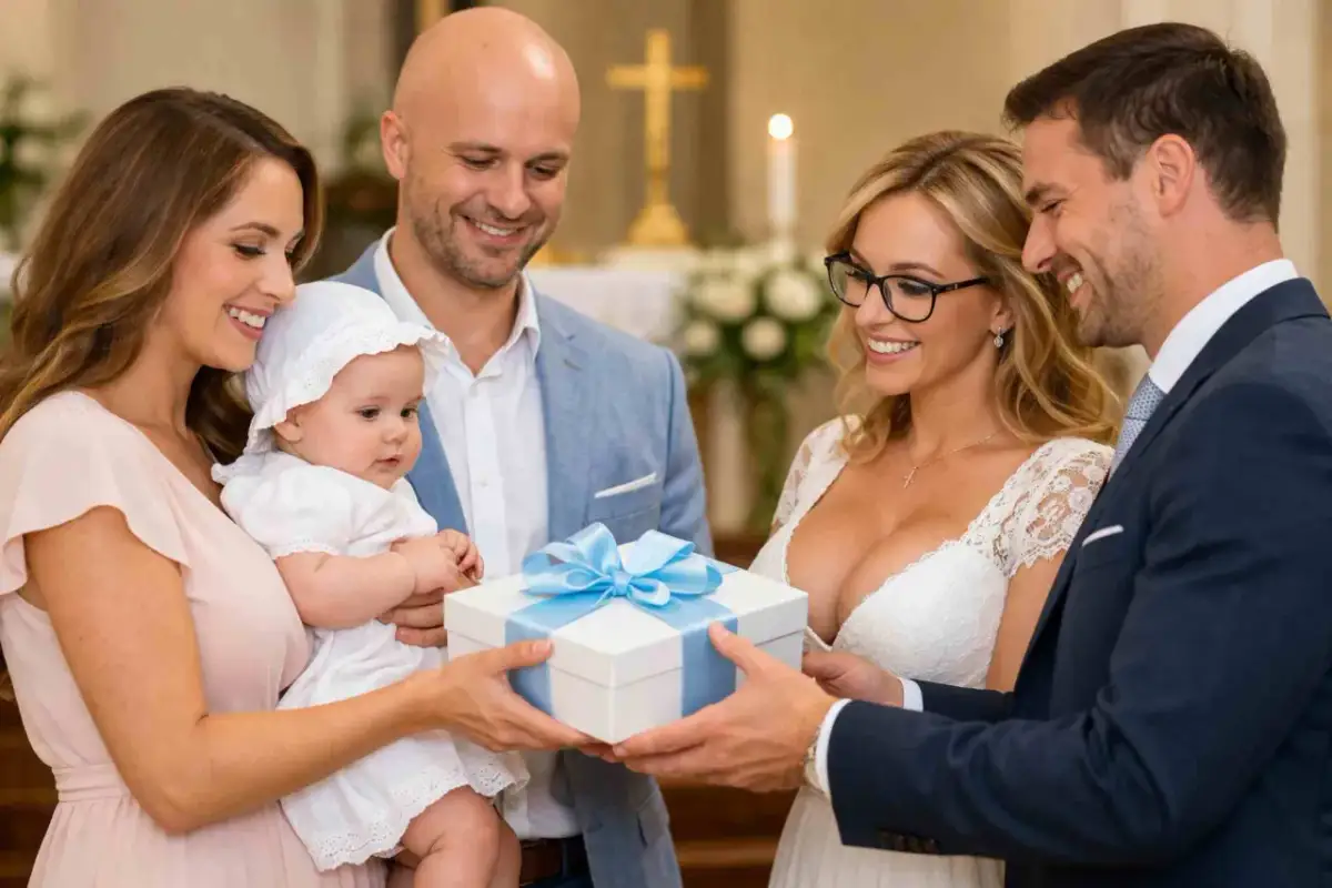 Rodzice i chrzestni wręczają prezent niemowlęciu w kościele.