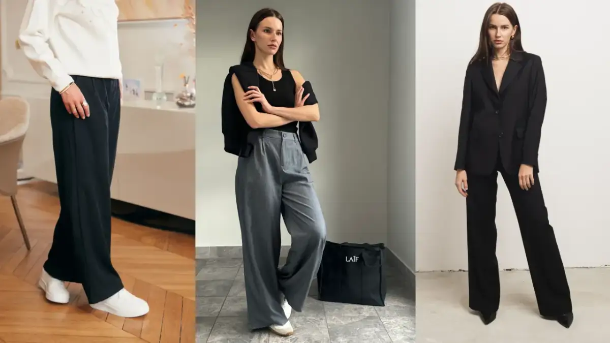 Stylizacje z czarnymi szerokimi spodniami: biała bluzka i sneakersy, czarny top i marynarka, lub elegancki garnitur.