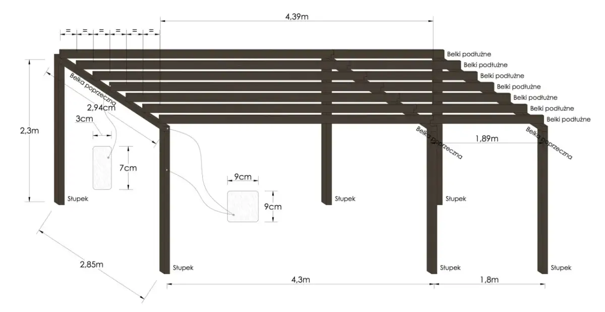 Schemat konstrukcji pergoli: słupki, belki poprzeczne i podłużne. Wymiary: 2,3m, 2,85m, 4,3m, 1,89m, 1,8m. Jak zrobić prostą pergolę.