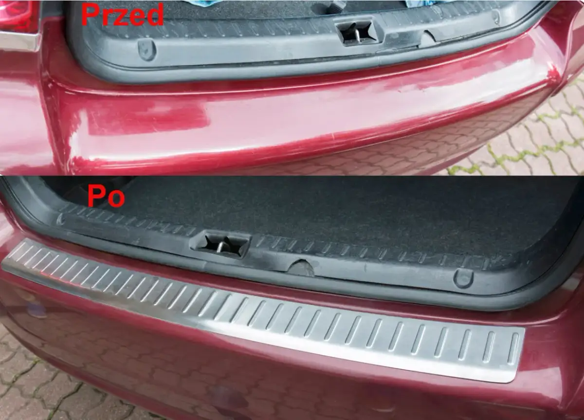 Przed i po: jak usunąć otarcie zderzaka. Górne zdjęcie pokazuje porysowany zderzak, dolne zdjęcie prezentuje zderzak z nakładką ochronną.