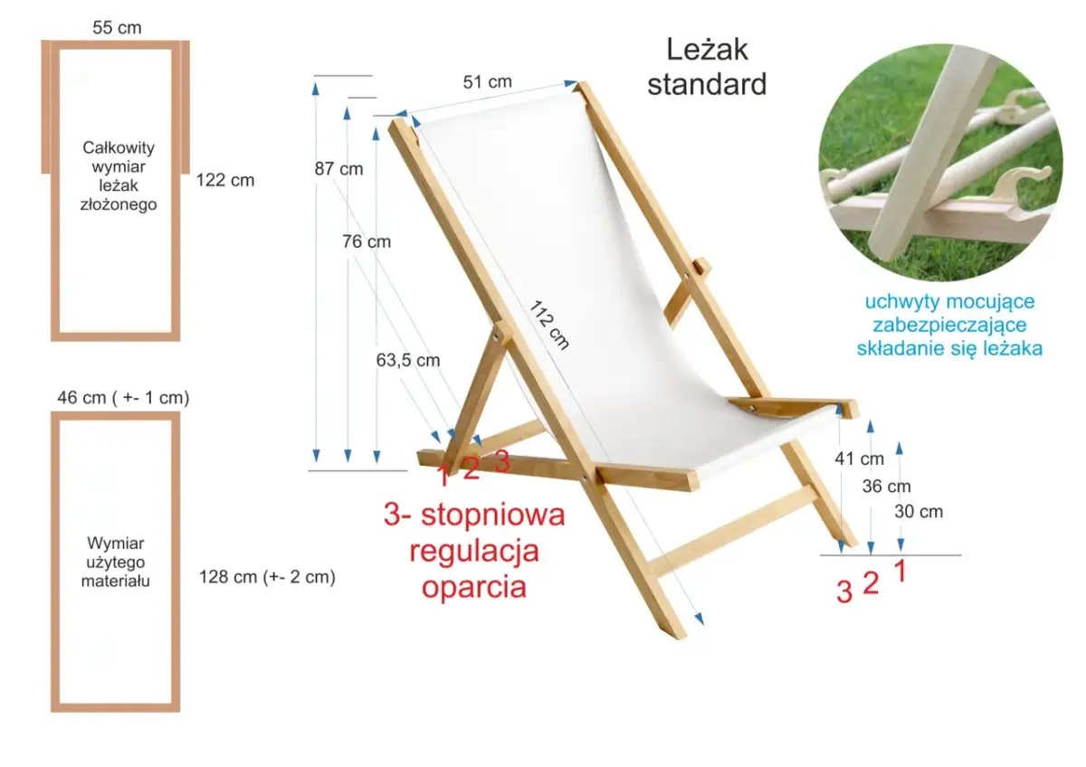 Schemat leżaka ogrodowego z wymiarami i oznaczeniem regulacji oparcia.