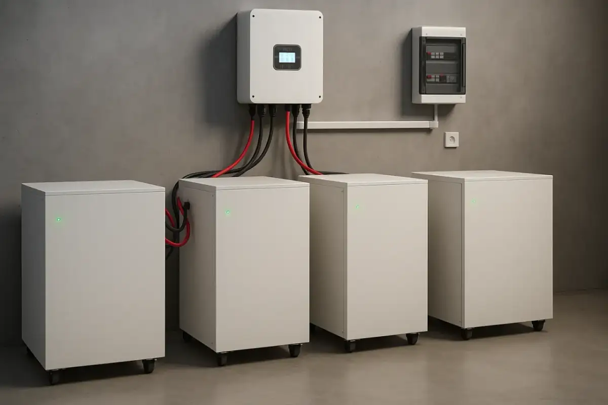 Białe moduły magazynu energii podłączone do falownika na szarej ścianie.