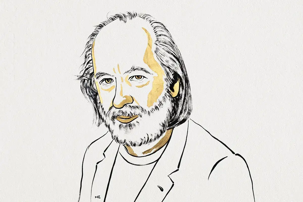 Ilustracja portretowa mężczyzny z brodą i włosami, z zaznaczonymi złotem oczami i policzkami.