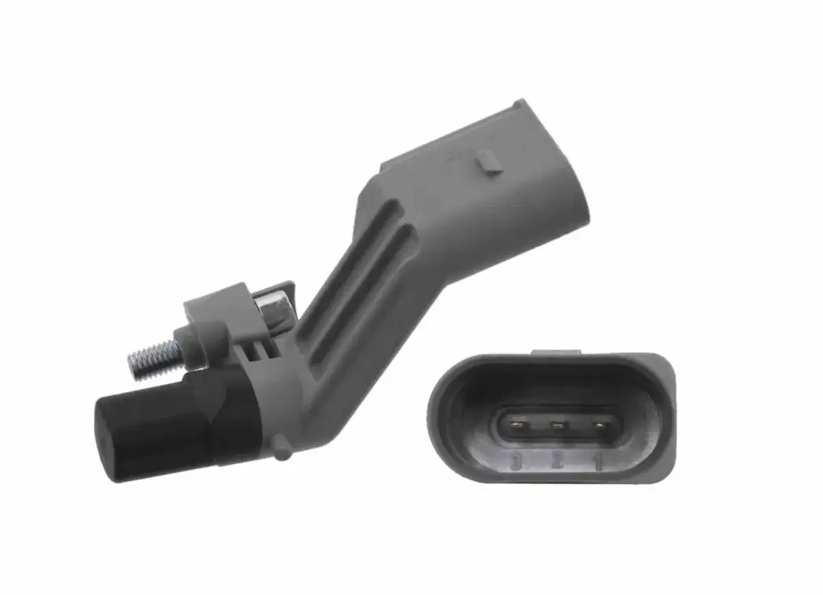 Szary czujnik położenia wału, kluczowy element silnika. Jego awaria objawia się problemami z odpalaniem i nierówną pracą.