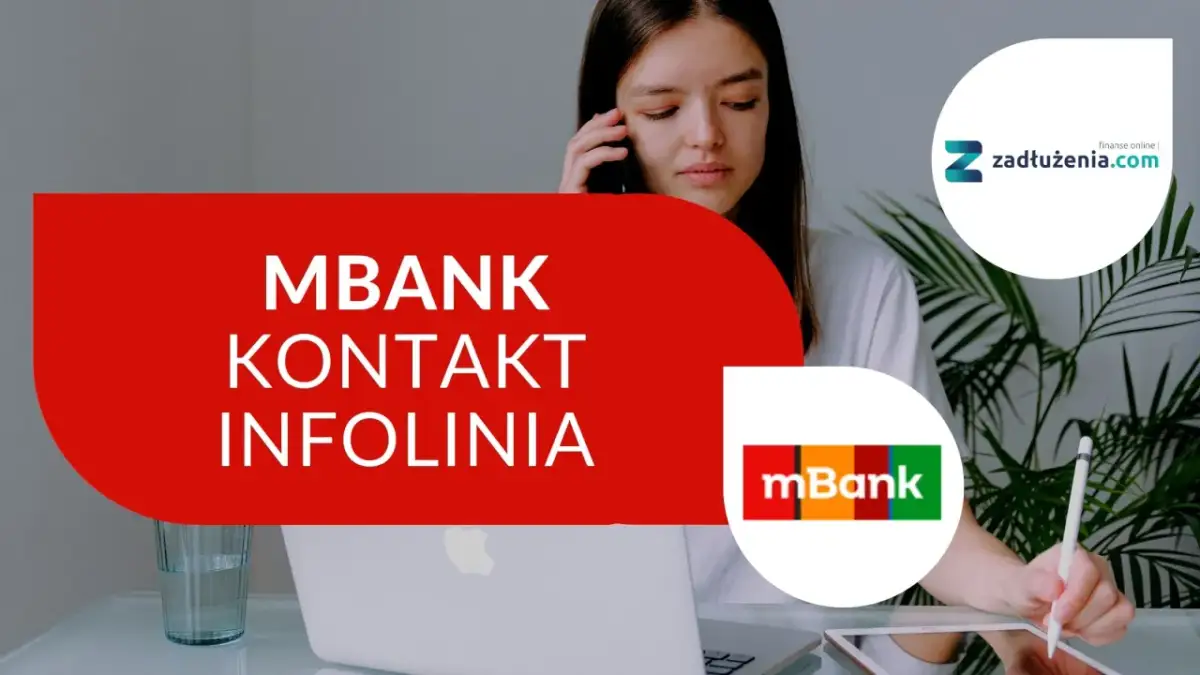 Czy infolinia mBank jest całodobowa? Młoda kobieta rozmawia przez telefon, obok logo mBank i strony zadłużenia.com.