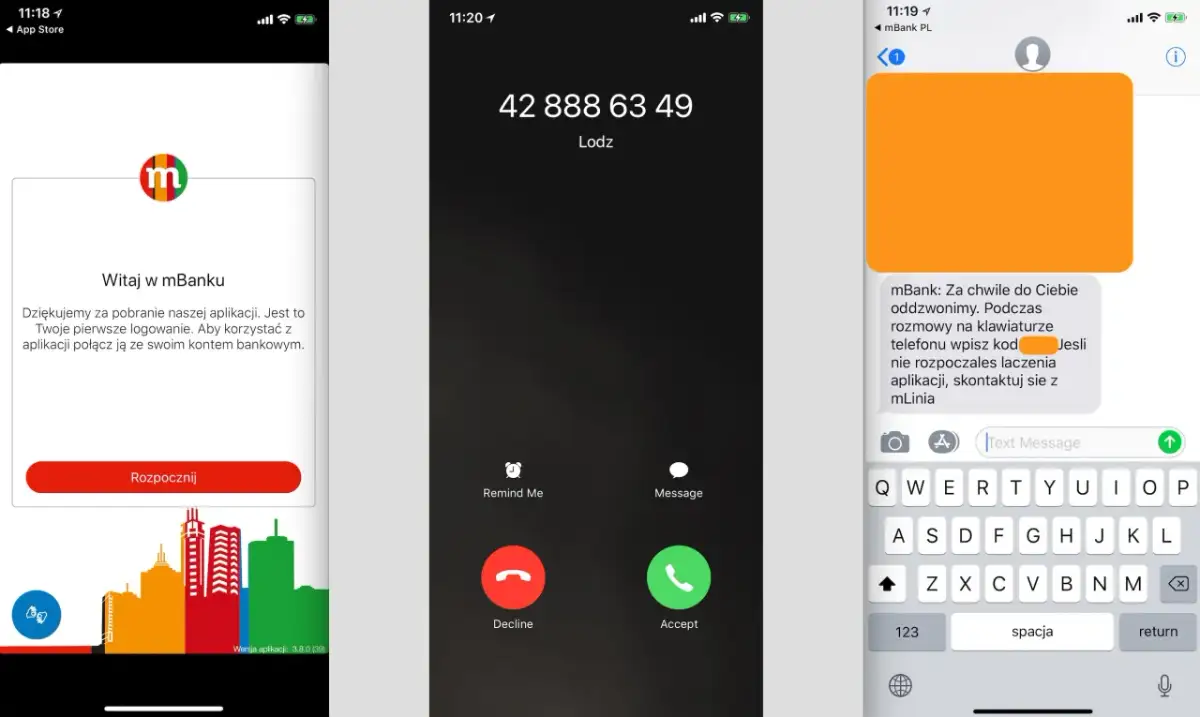 Ekran aplikacji mBank, połączenie telefoniczne i SMS. Jak zmienić nr telefonu w mBank? Aplikacja mBank oferuje pomoc.
