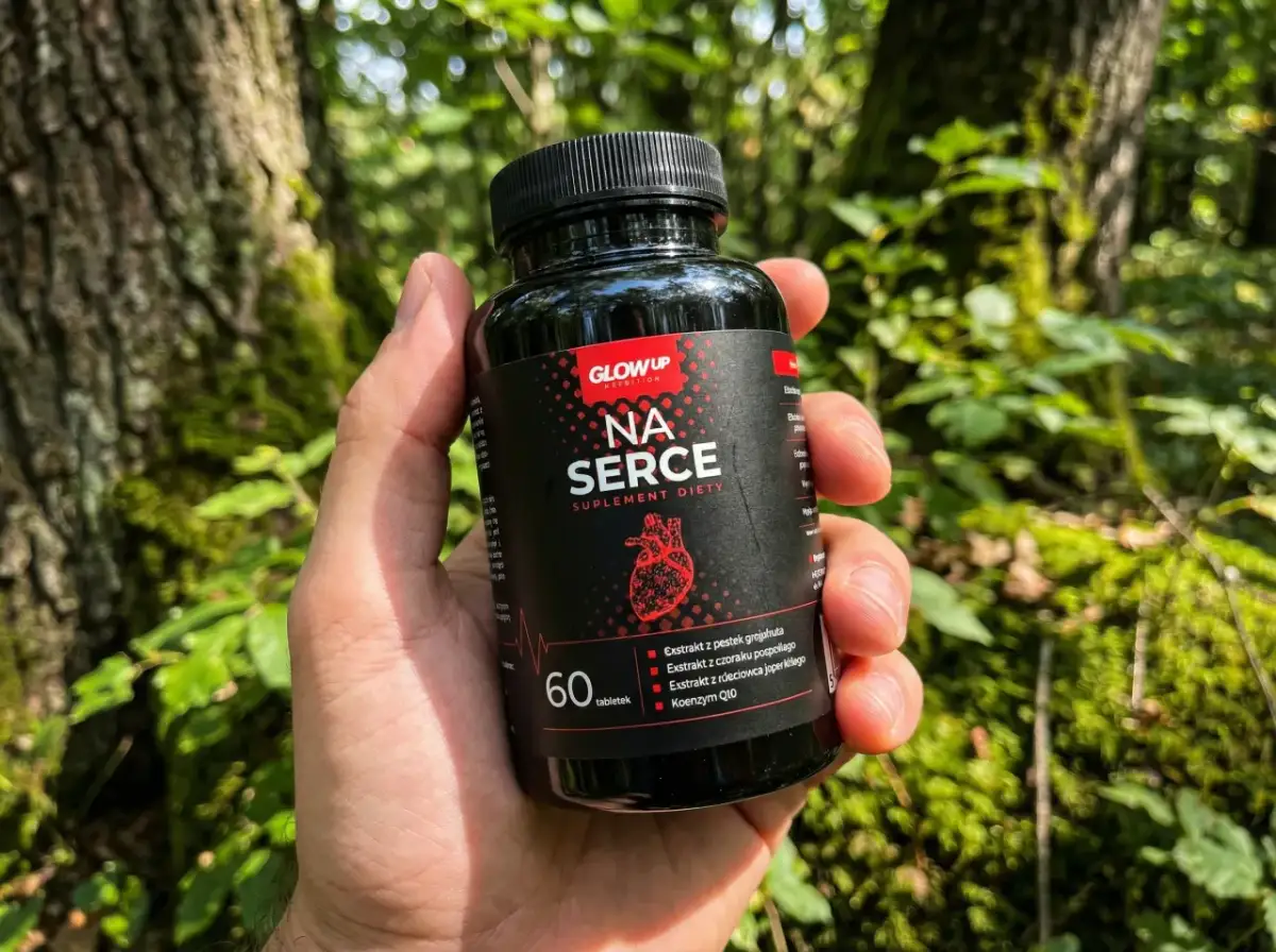 Dłoń trzyma czarny suplement na serce "Na Serce" z czerwonym logo i grafiką serca. Tło to las.