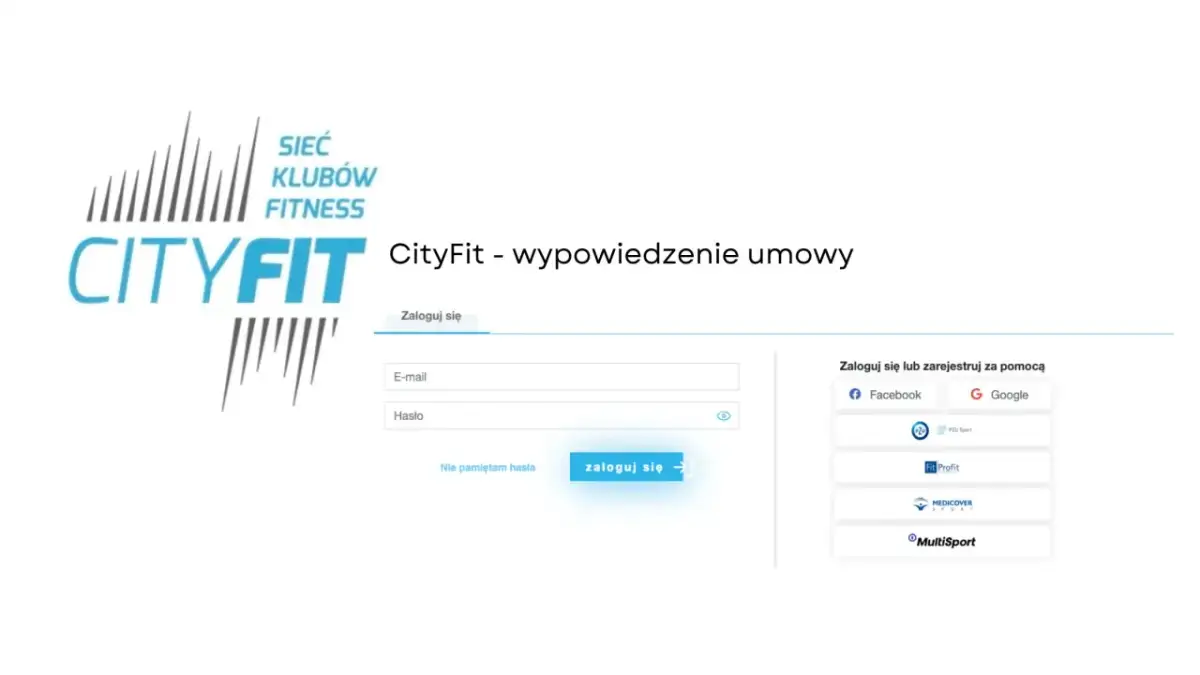 Logo CityFit i formularz logowania z opcjami Facebook, Google, PZU Sport, Fit Profit, Medicover Sport, MultiSport.