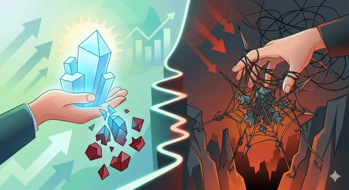 Dwie strony: jasna z kryształami i strzałkami w górę, ciemna z pajęczyną i spadającymi strzałkami. Szukasz pożyczka konsolidacyjna bez bik?